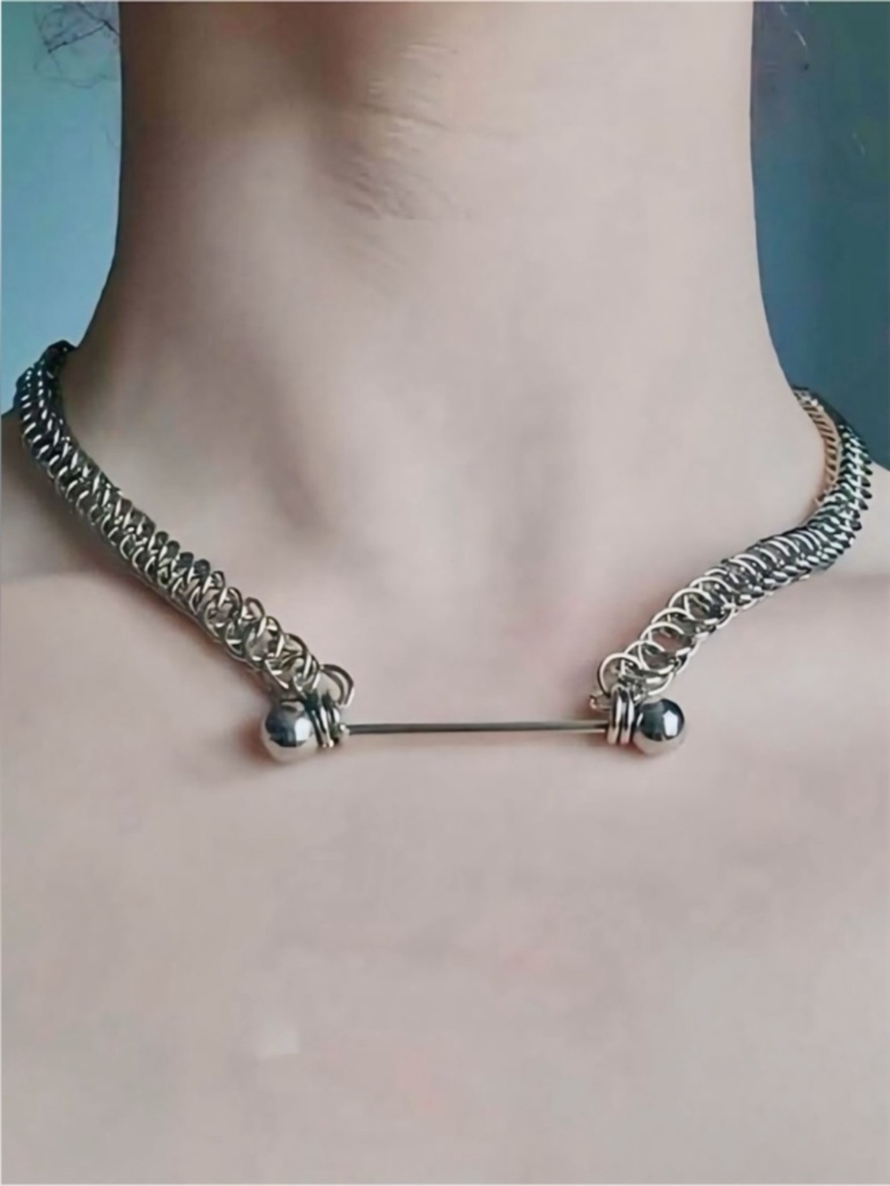 Stainless Steel Silver Barbell Necklace Chunky Statement Tarnish Free